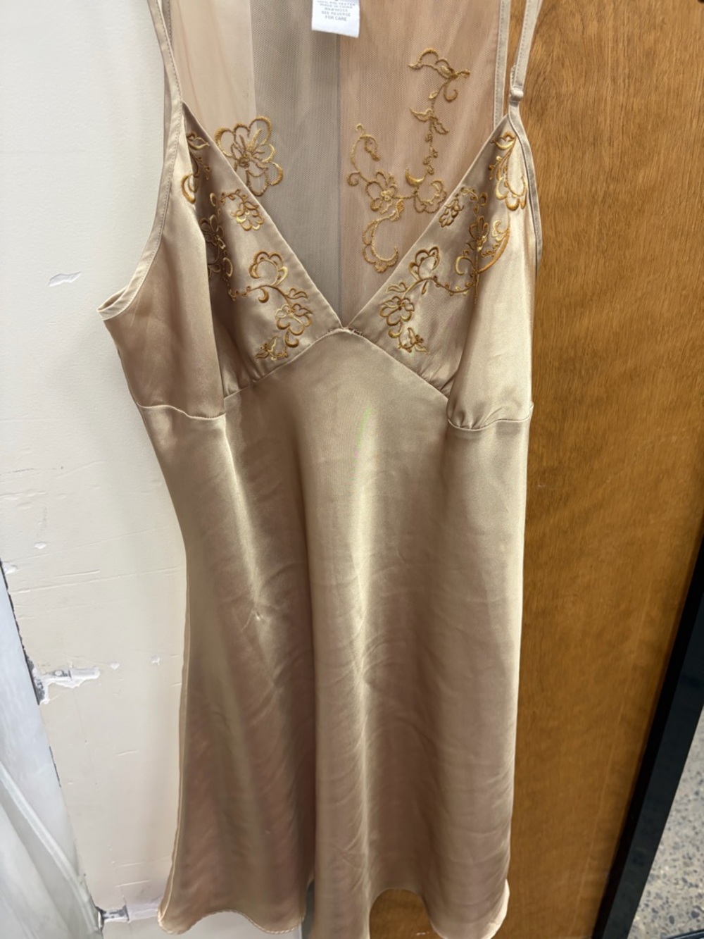Source Unknown Champagne Satin Slip Dress with Gold Embroidery